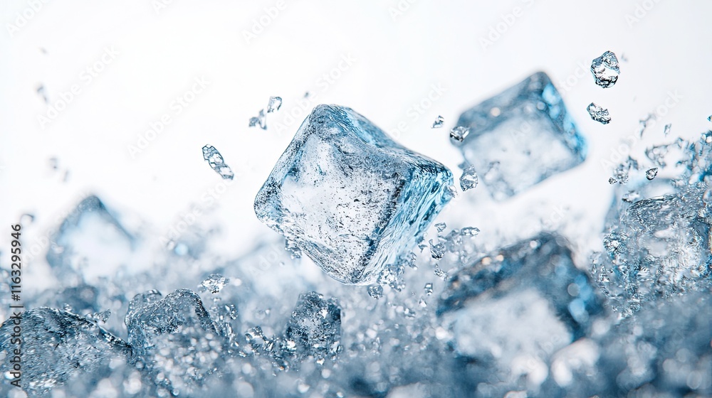 Falling ice cubes isolated on a clean white background, captured with full depth of field showcasing the translucent clarity and frozen textures of each cube. Falling ice cubes isolated on a clean white background, captured with full depth of field showcasing the translucent clarity and frozen textures of each cube.