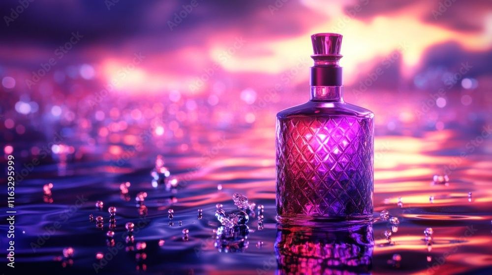 A modern liquor bottle with a metallic red finish and glowing purple patterns, resting on a reflective water surface; animated water drops enhance the composition. A modern liquor bottle with a metallic red finish and glowing purple patterns, resting on a reflective water surface; animated water drops enhance the composition.
