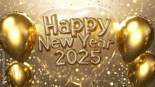 Golden Foil Balloons with 'HAPPY NEW YEAR 2025' Text on a Glittery Background, Creating a Shiny and Festive Atmosphere for a New Year Celebration and Party Event. photo