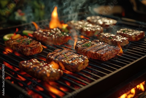 Deliciously cooked meat steaks grilling on hot barbecue grill. Flames, smoke rise above hot coals. Summer cookout scene outdoors. Meat browned, ready to eat. Outdoor party vibe. BBQ dinner in photo