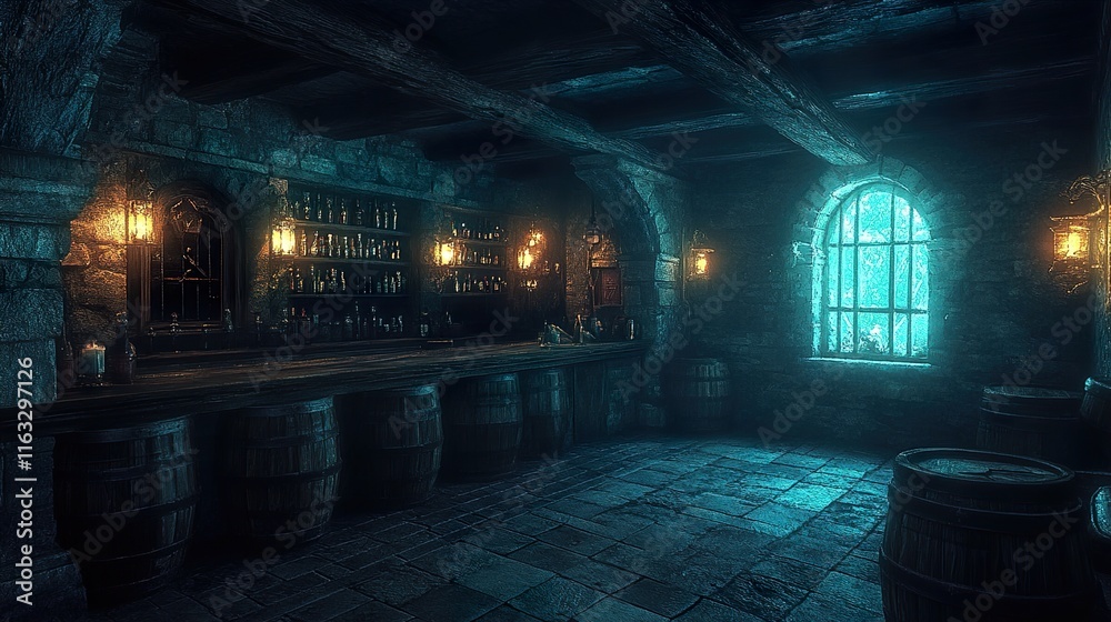 Fototapeta premium Medieval Tavern: Dark, Mystical Bar Interior