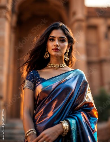 Portrait of beautiful woman in traditional saree in front of a heritage building photo