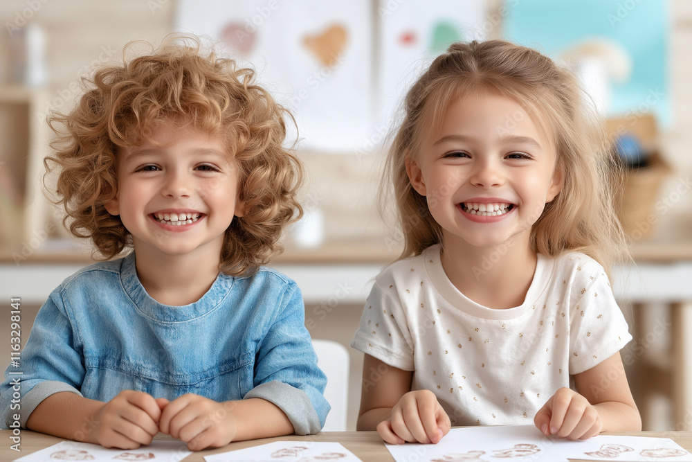 Fototapeta premium Joyful children engaged in creative art activity at home during a sunny afternoon
