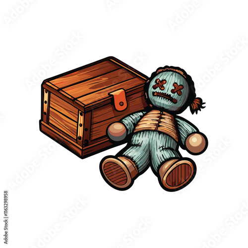 A well-worn vintage rag doll, with charmingly stitched facial features, lies peacefully on a weathered wooden surface.
