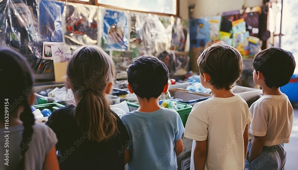 Obraz premium Four school-aged children curiously watch colorful posters inside their classroom