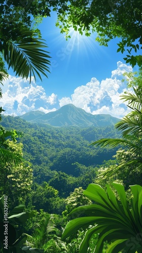 mountain landscape with a dense jungle forest and a blue sky