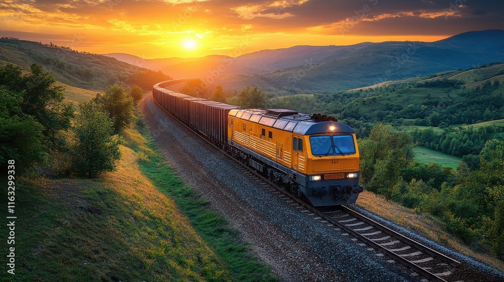 Obraz premium A train travels along a scenic route at sunset, surrounded by hills and lush greenery.
