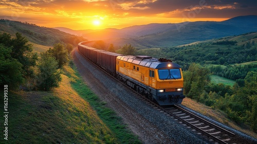 A train travels along a scenic route at sunset, surrounded by hills and lush greenery.