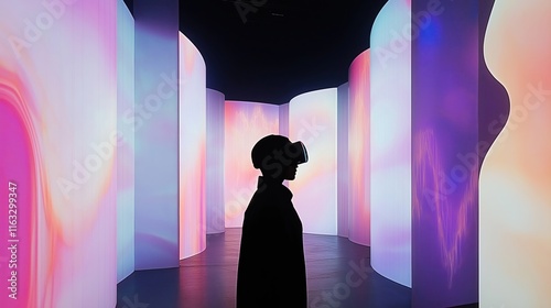 Silhouette of person exploring VR art installation. Vibrant neon abstract lights surround. Futuristic gallery space. Person wearing VR headset. Art show experience. Immersive tech art. Visual