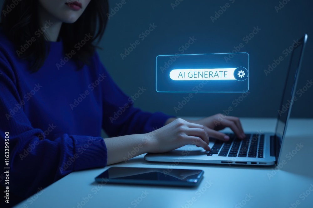 Woman Using Laptop with AI Generate Button in Dark Room Woman Using Laptop with AI Generate Button in Dark Room