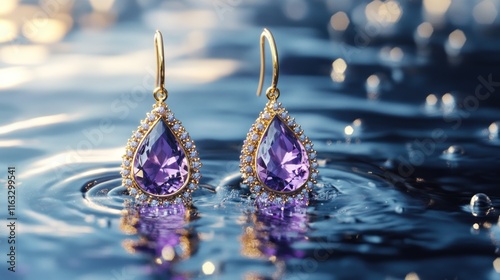 A premium set of earrings with glowing purple crystals and gold accents, gently set afloat on shimmering water; animated droplets add dynamic realism. photo