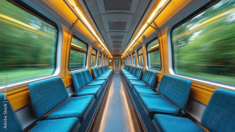 Fototapeta premium A blurred interior of a train with empty blue seats and a vibrant yellow-lit corridor.