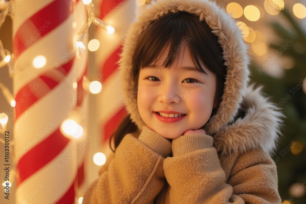 Child Smiling in Cozy Winter Outfit Surrounded by Holiday Lights Child Smiling in Cozy Winter Outfit Surrounded by Holiday Lights