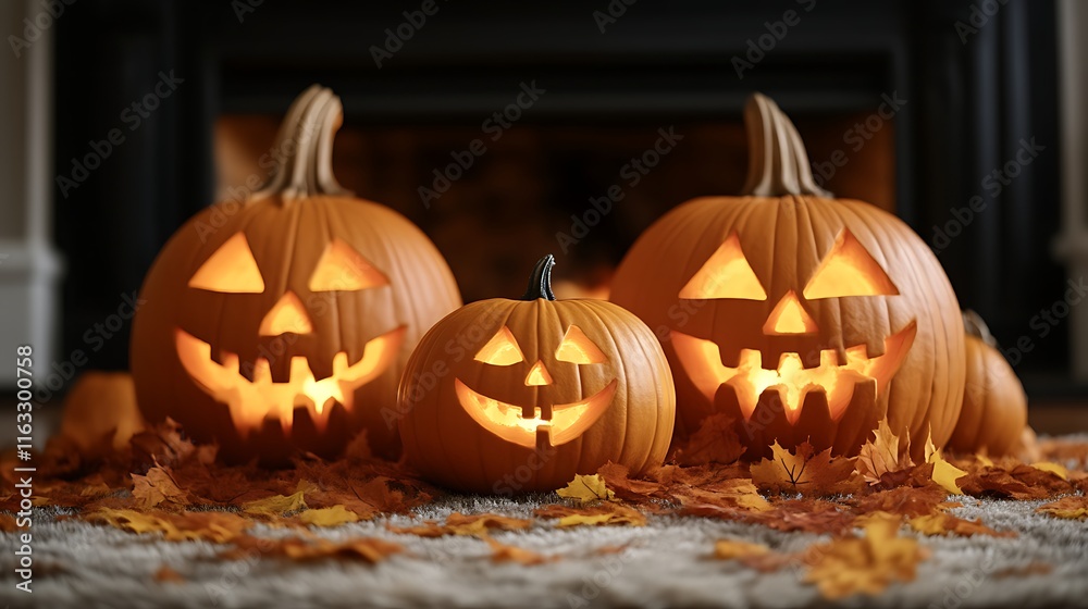 Fototapeta premium Illuminated Jack O Lanterns Near Fireplace Autumn Leaves