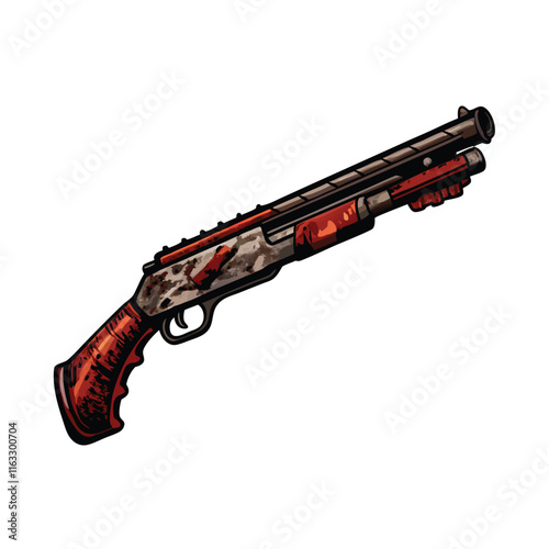 A close-up of a rusty, blood-stained shotgun, leaning against a weathered, decaying wall, suggesting a post-apocalyptic zombie hunter's abandoned arsenal.