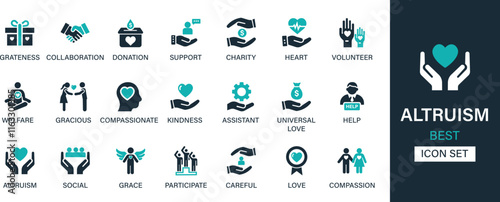 Altruism icon set collection. Greatness, collaboration, donation, support, charity, volunteer, welfare, gracious, kindness, assistant, help and best solid icon set. photo