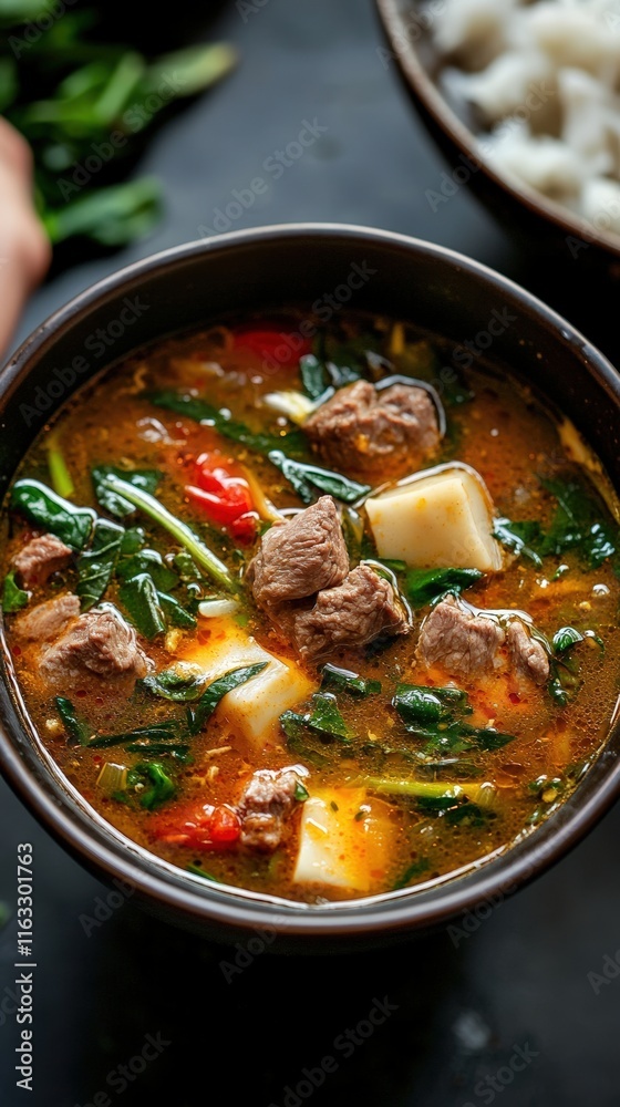 Savory Beef Stew with Spinach and Tofu Cubes Savory Beef Stew with Spinach and Tofu Cubes