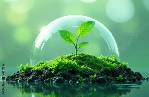 Dome protects the plant. Green Planet Earth Day or Environment Day concept. Paris Agreement concept. Ecology concept. High quality photo