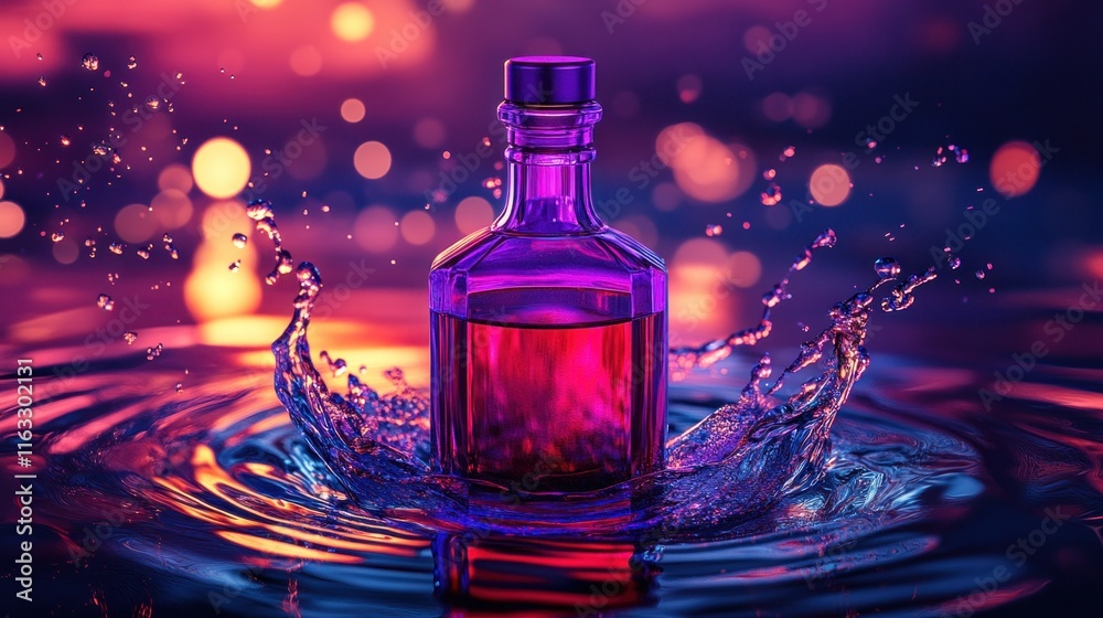 A sophisticated liquor bottle with a bold red design and glowing purple glass neck, surrounded by water ripples and dynamic splashes under studio lighting. A sophisticated liquor bottle with a bold red design and glowing purple glass neck, surrounded by water ripples and dynamic splashes under studio lighting.