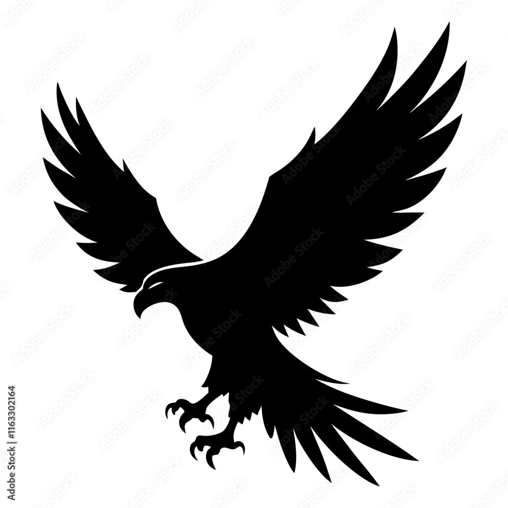Obraz premium A eagle silhouette in flight with its beak open and wings fully spread on white background