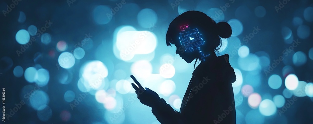 Obraz premium Digital Mind: Woman using smartphone at night, glowing blue bokeh background, technology and social media concept