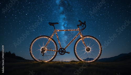bicycle creative image made with starry night to form the bicycle shape . Sublime Generative AI image .