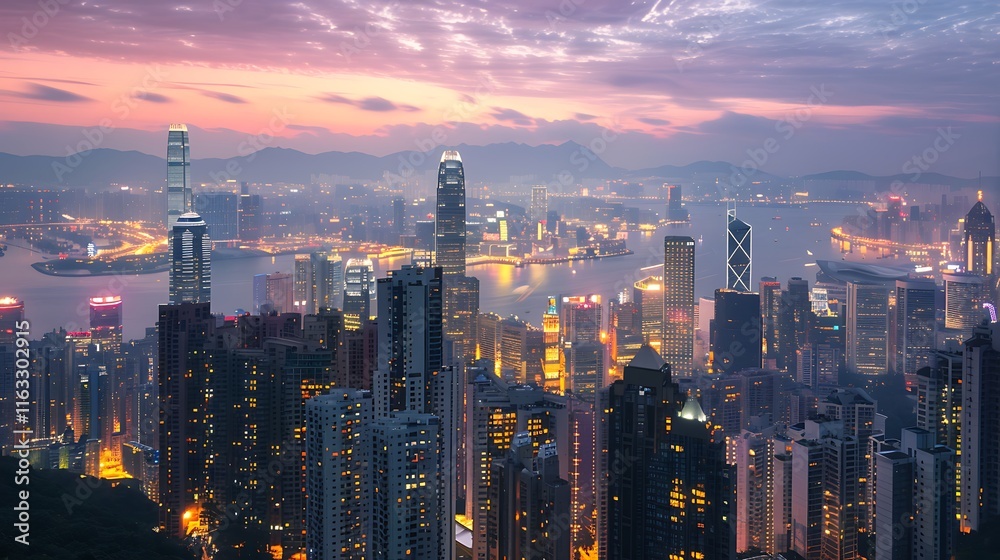 Fototapeta premium Stunning panoramic view of Hong Kong's skyline at dawn. Skyscrapers illuminated against a beautiful sky.