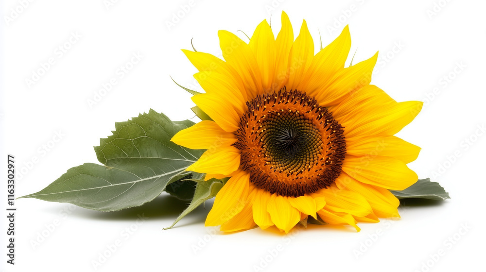 Fototapeta premium Sunflower with vibrant yellow petals isolated on white background for summer vibes