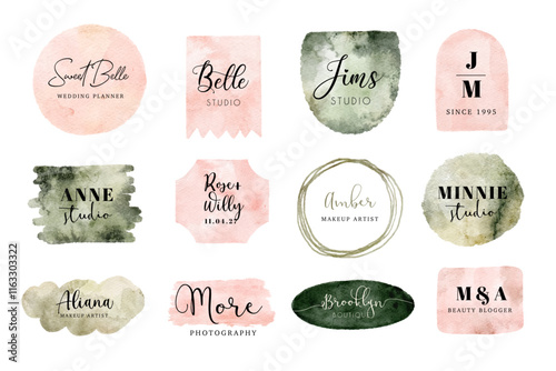 premade logo with pink green abstract shape watercolor collection