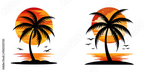 coconut tree vector silhouette with see and sun set on white background