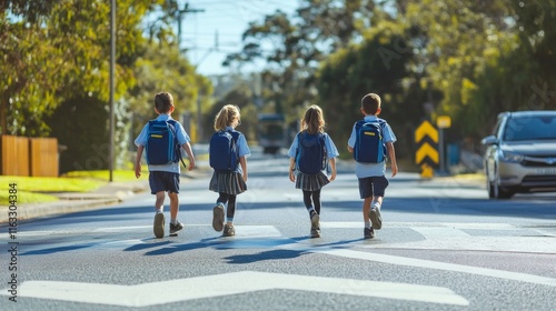 Three public school kids walking to school and crossing the road at a pedestrian crossing during morning rush hour in a suburban neighborhood photo