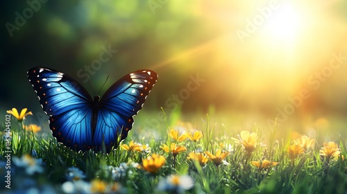blue butterfly on grass in sunlight rays, macro.