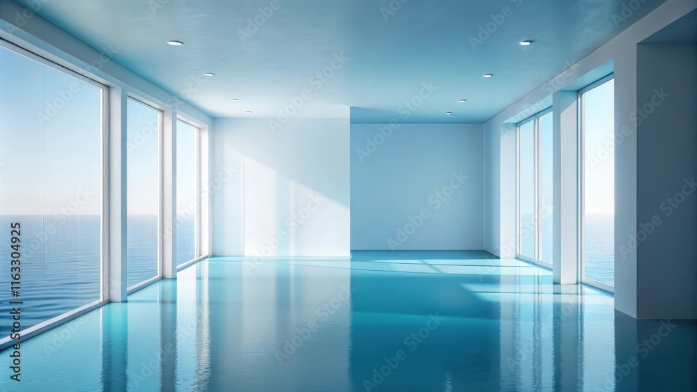 Fototapeta premium Serene Coastal Room with Expansive Ocean View and Reflective Floor