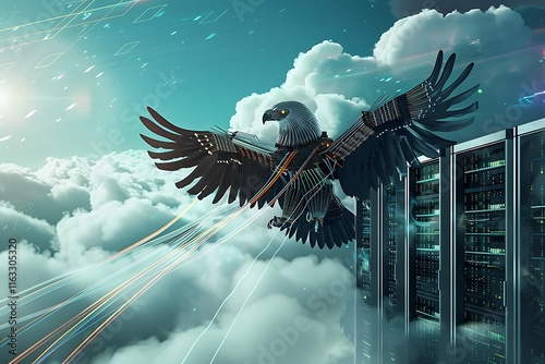 A metallic eagle, symbolizing cybersecurity, soars above clouds and data servers, representing secure cloud computing and data protection. Digital streams connect them. photo