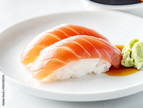 Close-up of tuna sushi nigiri with soy sauce and wasabi on a white plate, showcasing Japanese culinary artistry.