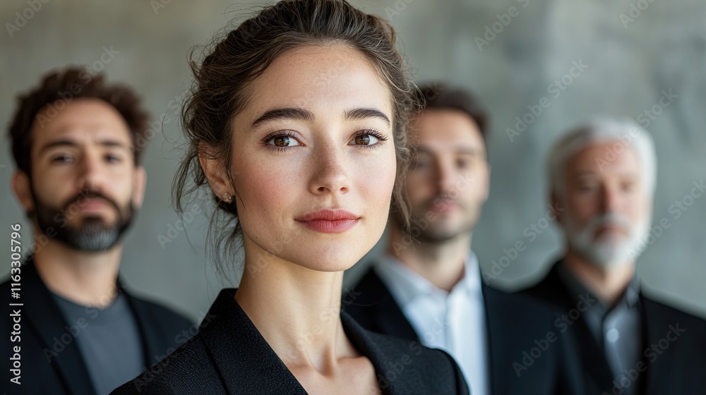 Confident Woman with Four Men in Formal Wear – A confident woman stands in front of four men, all in formal attire, with a modern concrete backdrop. Confident Woman with Four Men in Formal Wear – A confident woman stands in front of four men, all in formal attire, with a modern concrete backdrop.