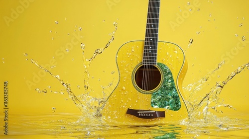 High-end acoustic guitar in vibrant yellow with intricate green accents, surrounded by water ripples and animated splashes against a yellow background. photo