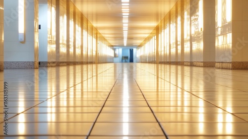 A bright, reflective corridor with warm lighting and tiled flooring.