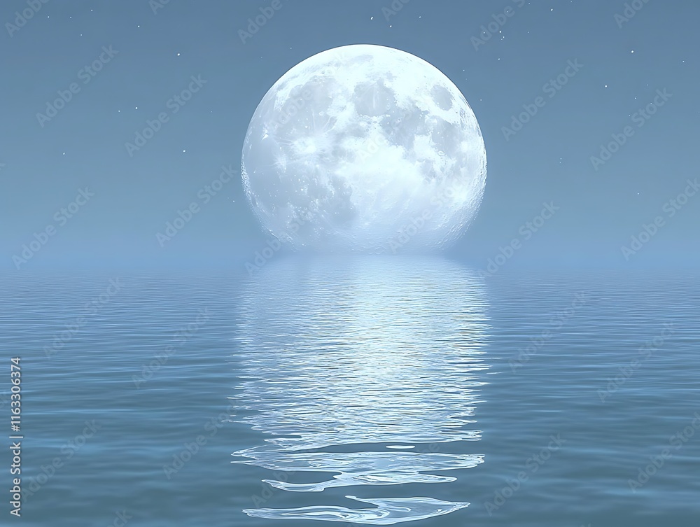 Full Moon Rising Over Calm Ocean Water Full Moon Rising Over Calm Ocean Water