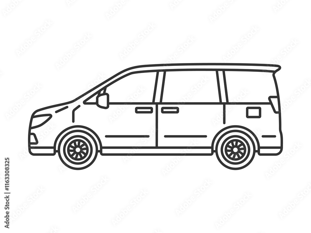 横から見た、ミニバンの自動車(線画)のイラスト
横から見た、ミニバンの自動車(線画)のイラスト