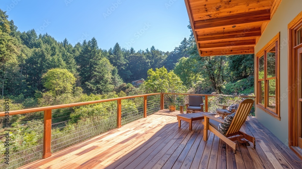 Wooden deck overlooks a lush forest. Perfect for showcasing tranquil outdoor living spaces. Wooden deck overlooks a lush forest. Perfect for showcasing tranquil outdoor living spaces.
