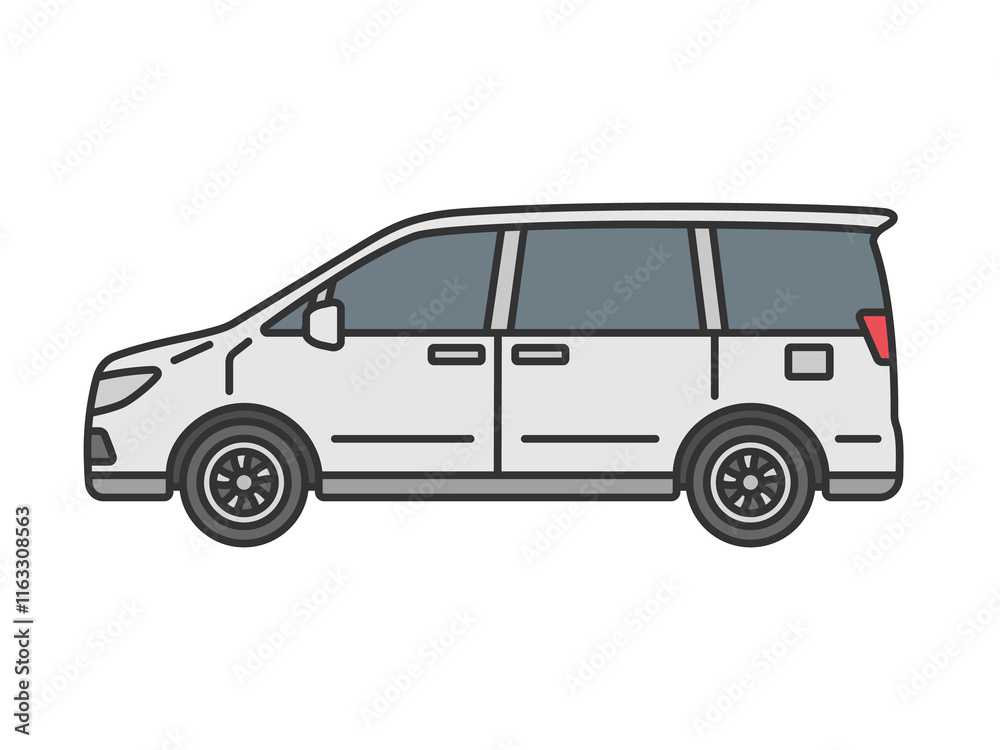 横から見た、白色のミニバンの自動車(線画カラー)のイラスト 横から見た、白色のミニバンの自動車(線画カラー)のイラスト