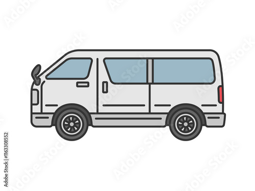 横から見た、白色のワンボックスカー（線画カラー）のイラスト