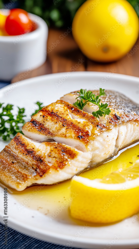 Close-up of grilled fish with crispy skin, garnished with lemon and herbs, showcasing gourmet food styling. Close-up of grilled fish with crispy skin, garnished with lemon and herbs, showcasing gourmet food styling.