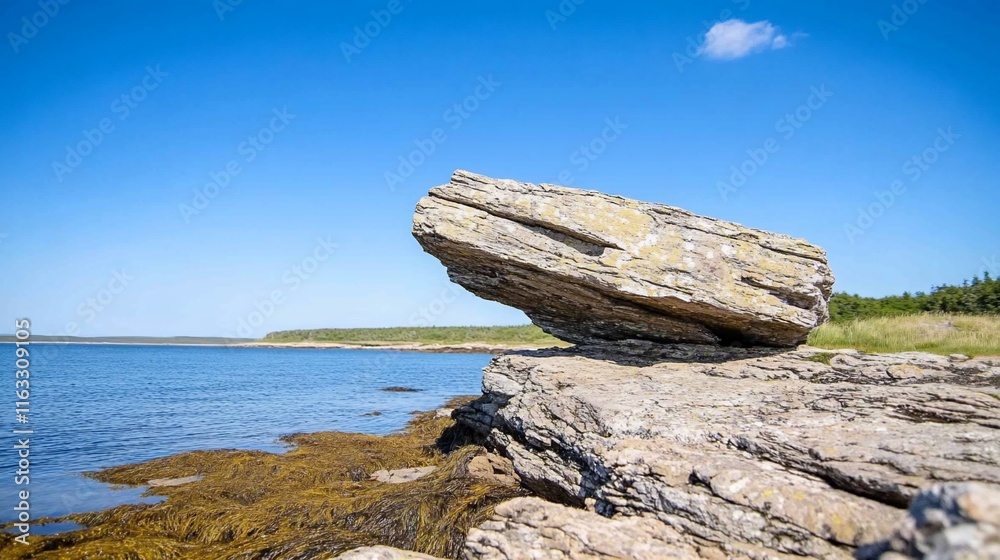A large rock balanced on smaller rocks by a calm water body. A large rock balanced on smaller rocks by a calm water body.