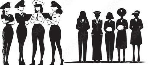 Elegant flight attendant silhouette in uniform, professionalism and elegance. Perfect for travel-themed designs, airline branding and aviation-related illustrations.