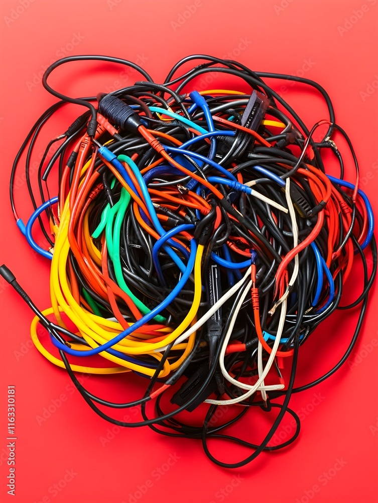 Tangled Cables and Wires on Red Background