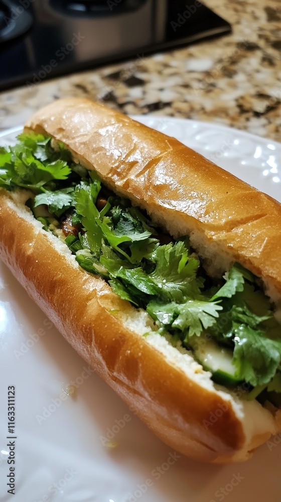 Delicious cilantro and cucumber sandwich on a roll Delicious cilantro and cucumber sandwich on a roll