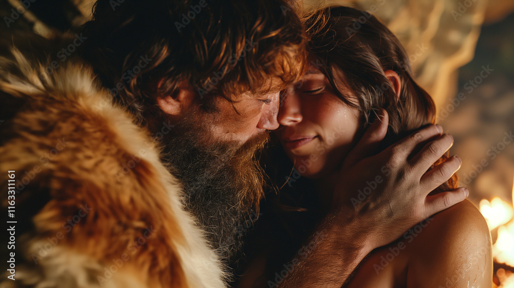Neanderthal couple embracing in a cave setting. Neanderthal couple embracing in a cave setting.