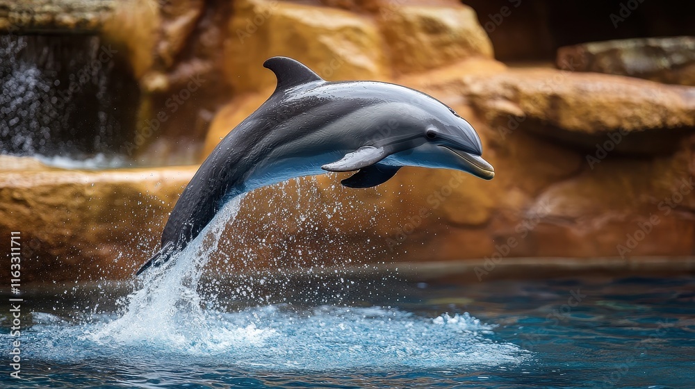 Obraz premium A dolphin leaps from the water, creating a splash. Perfect for marine life, wildlife, or nature documentaries.